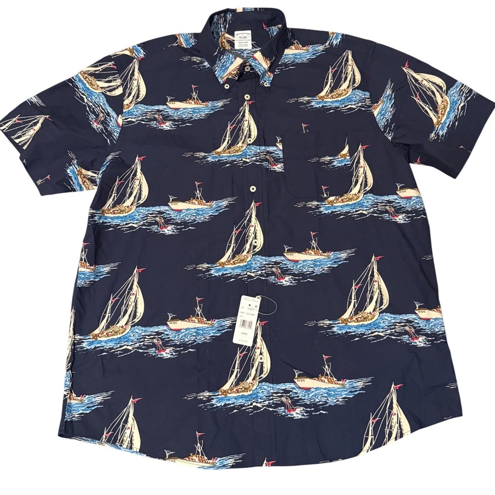 Brooks Brothers Mens Navy Nautical Sailboat Print Cotton Button Down Shirt Large